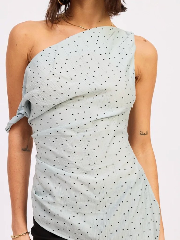 Asymmetrical Shoulder Blue Polka Dot Top
